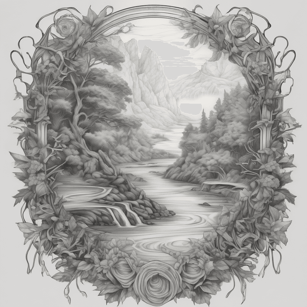 A detailed black and grey tattoo design inspired by Dante Alighieri’s Divine Comedy, featuring the mythical River Lethe. A serene, ethereal river flowing through a mystical forest, symbolizing purification and forgetting past sins. Classical Italian Renaissance style, soft flowing water, subtle light rays, delicate leaves drifting on the surface. Fine linework, symbolic and poetic atmosphere.