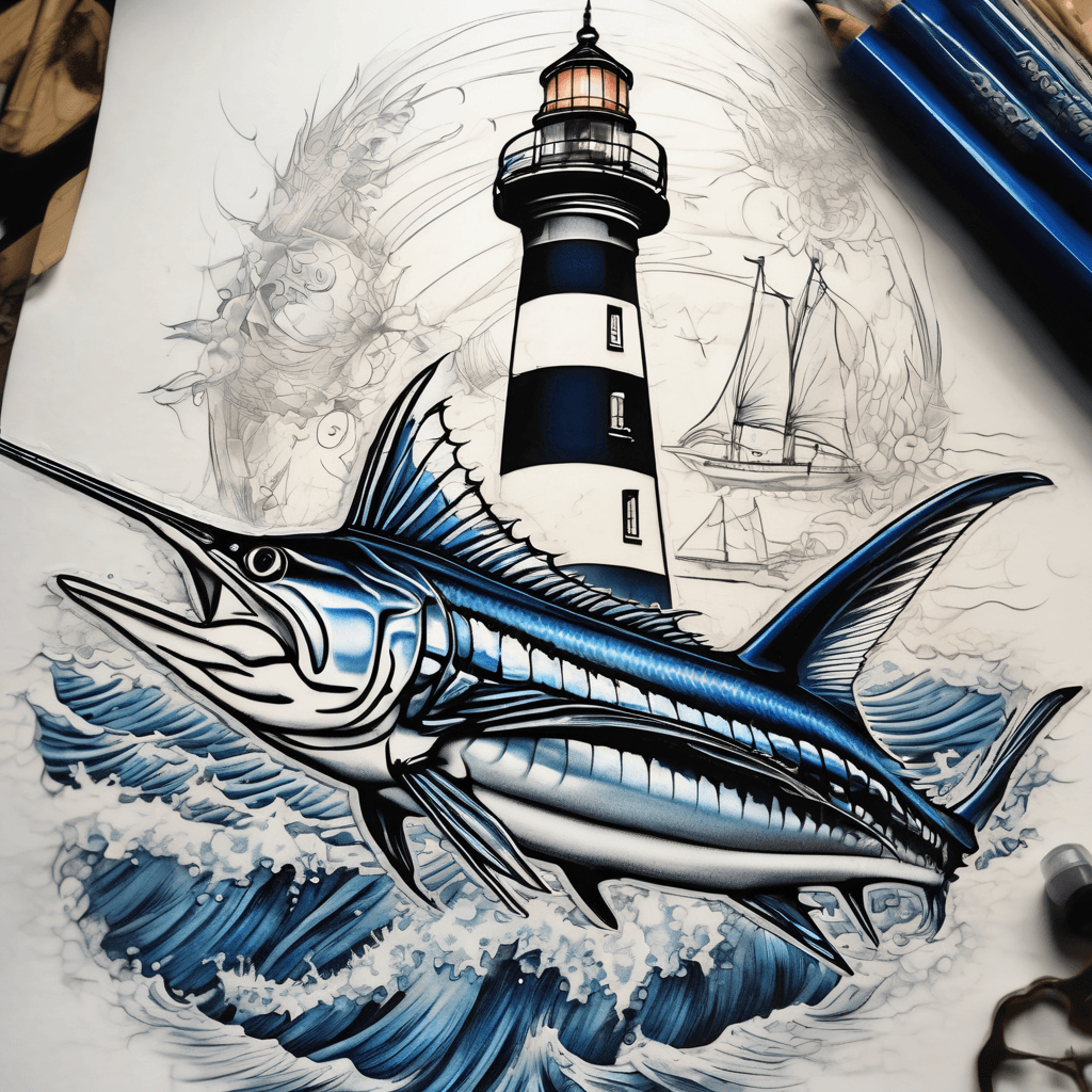 A Blue Marlin fish as the feature focal point with a lighthouse in the background and a pointy anchor at the bottom with waves around nautical themed include a compass design around the top of the lighthouse