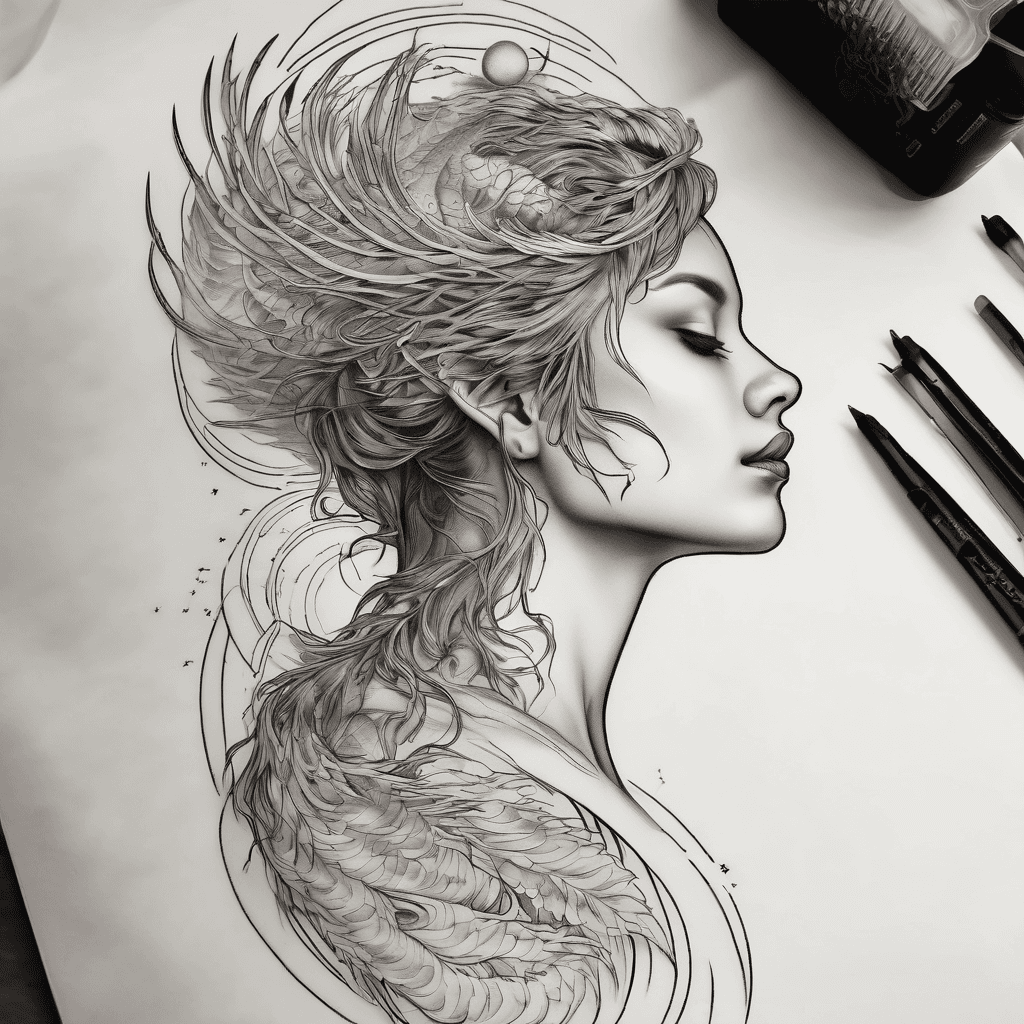 Realistic tattoo preview of a fine-line black ink upward-facing phoenix design with celestial orbs and flowing lines, centered along the mid-to-upper spine of a woman with deep brown skin tone, shown under natural daylight. Tattoo appears healed, elegant and bold yet feminine, flowing naturally with the spine’s shape