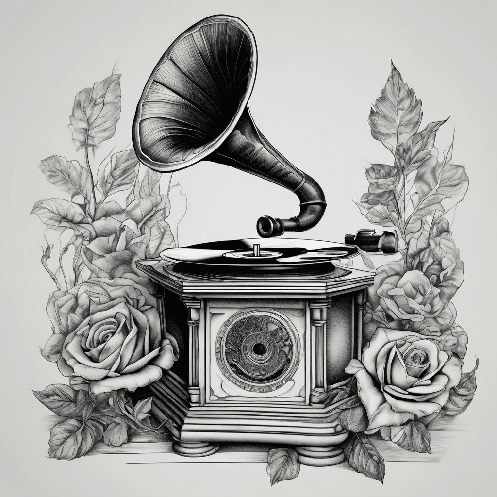 Draw me a colored sketch for an old school style tattoo of a gramophone with a woman entering it so that only her tattooed legs are visible. , In addition, the figure should be in an elliptical frame