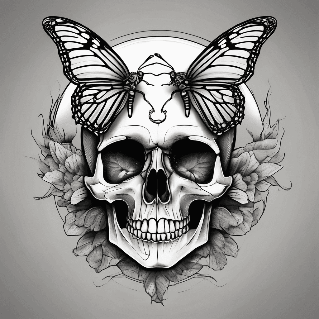 A butterfly sitting on a skull with a moon in the background