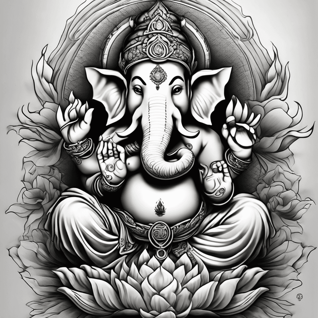 Black and grey Japanese-style tattoo of Lord Ganesha sitting on a lotus, detailed and spiritual design for upper back, sacred aura, fine line work.