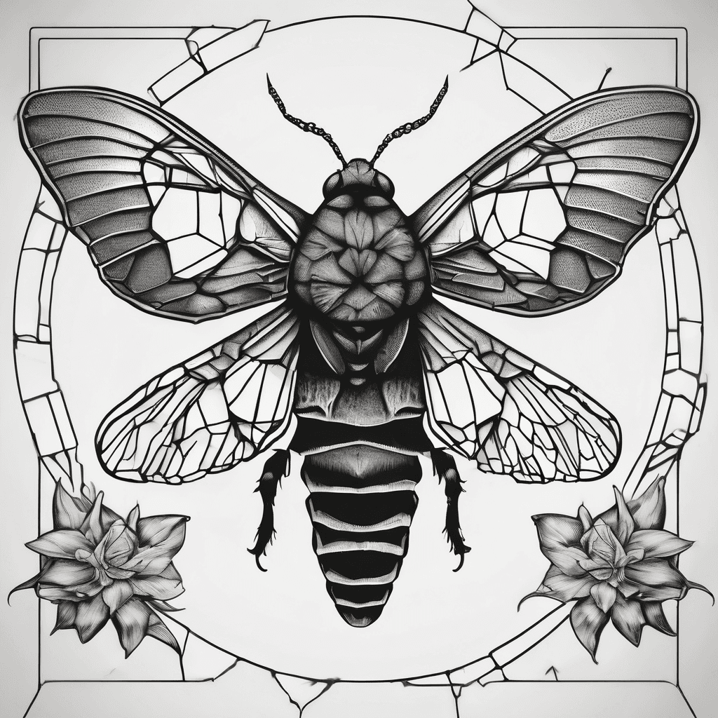 Traditional style black and white death's head hawkmoth surrounded by broken glass