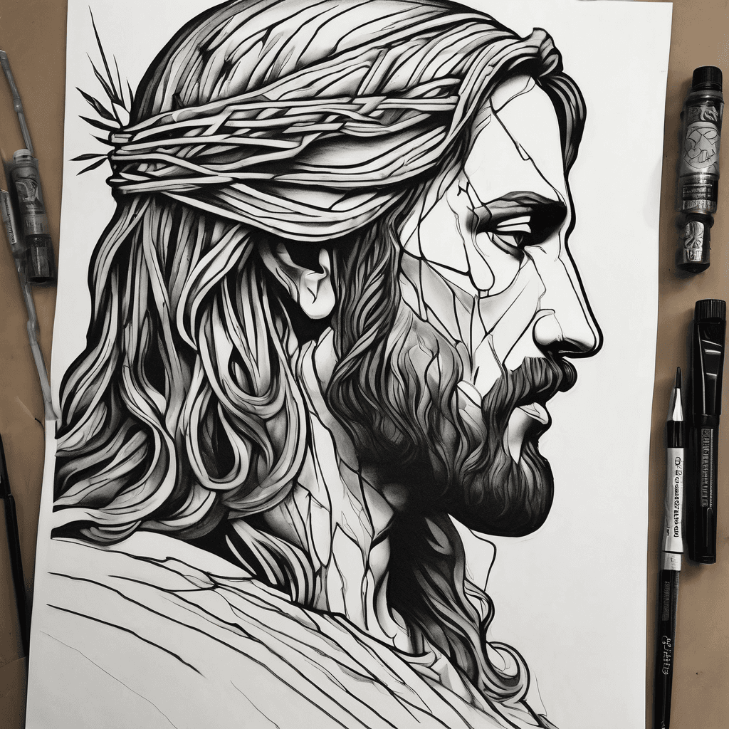 An outline of the profile face of Jesus. It should be the front half of his profile, with the back half bleeding into brushstroke black ink with an integrated negative space cross
