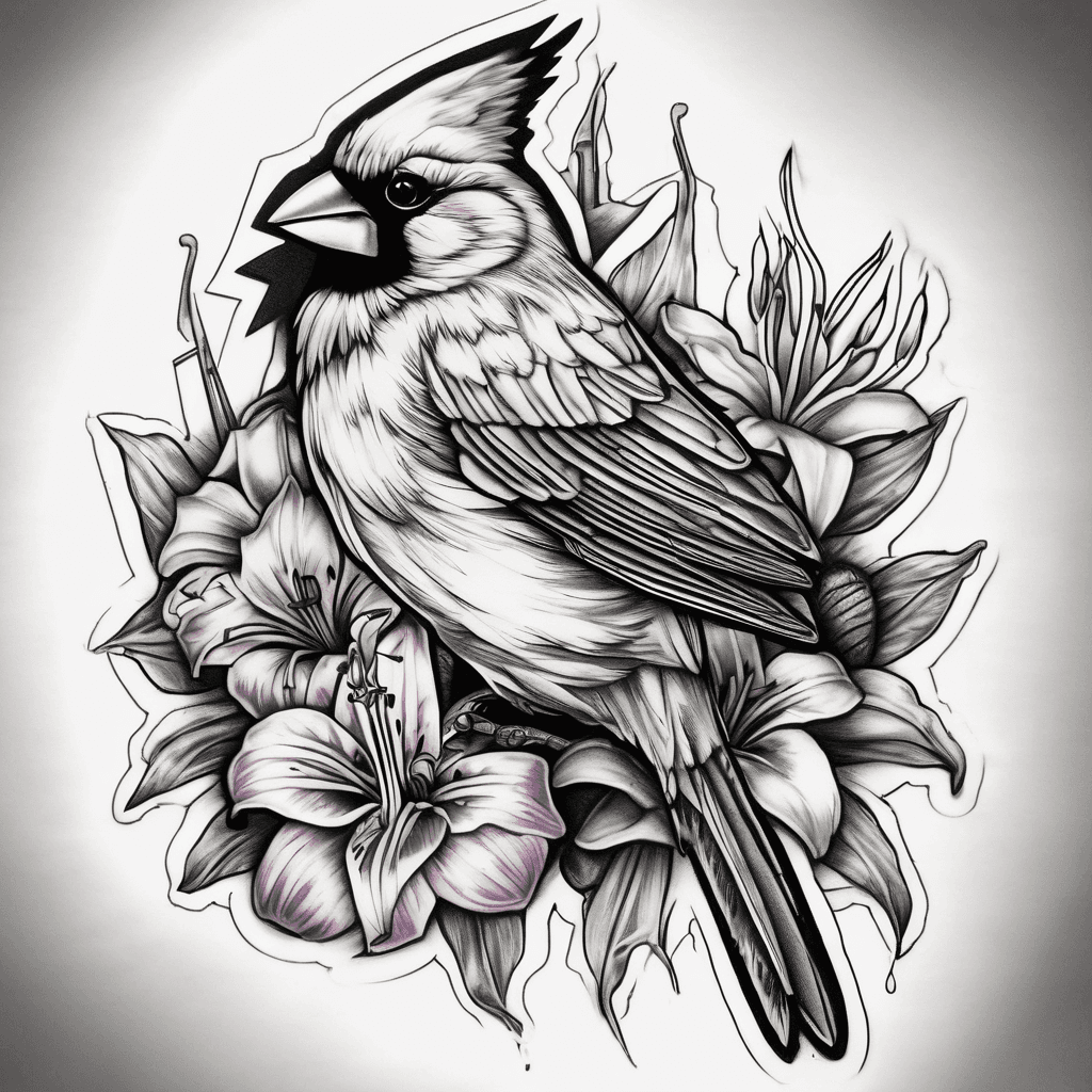 a cardinal, a purple lily, a pink gladious, a cracked bell, and a cross with an alabama football hat hanging off it all in black and white clouds