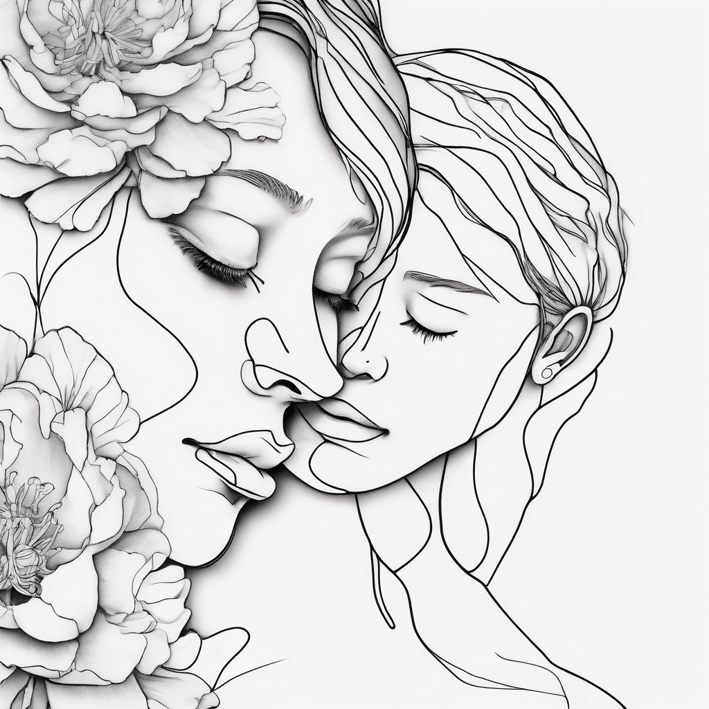 Style: Minimalist single continuous line Line Quality: Thin with gentle natural variation for an organic flow Composition: Two faces (mother & child), cheek-to-cheek, formed in one elegant line that transitions seamlessly into a blooming peony underneath Ink: Black fine line only Placement: Centered vertically down the forearm, flowing from elbow to wrist