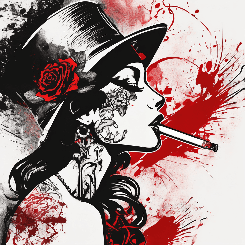 Trash Polka style tattoo design, silhouette of a woman wearing a hat, smoking a long cigarette, elegant and mysterious. Strong black and red composition, abstract splashes, brush strokes and textures. At the bottom, overlapping diagonally, the word “Diva” in bold artistic lettering, integrated into the composition. High contrast, artistic ink sketch, expressive and dynamic layout.