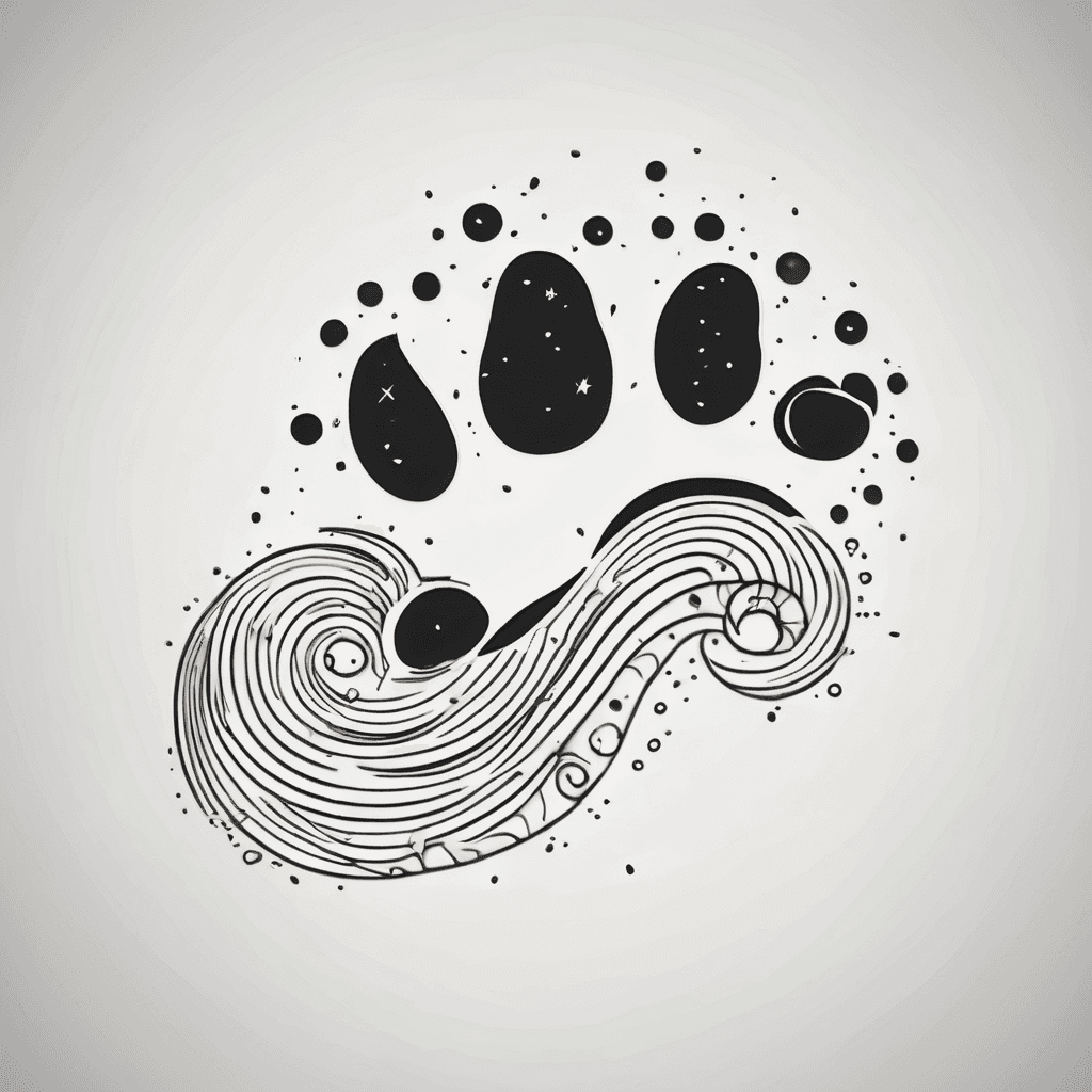 A small wave curling into a paw print, with a tiny Leo constellation above in dots.