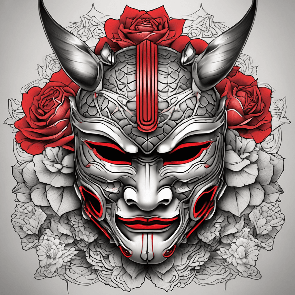 Small samurai mask symmetrical grey with red accent rose petals