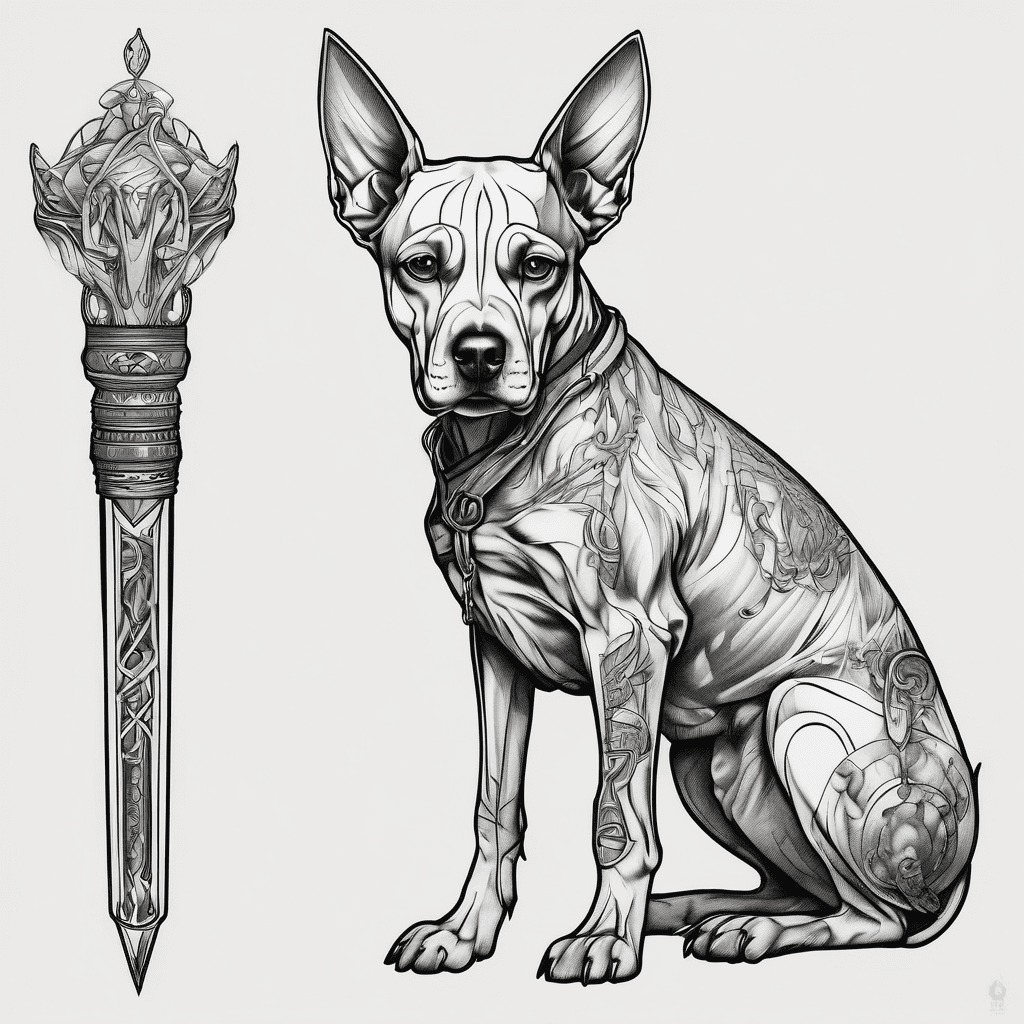 Lokis scepter and a dog with floppy ears in fine line design