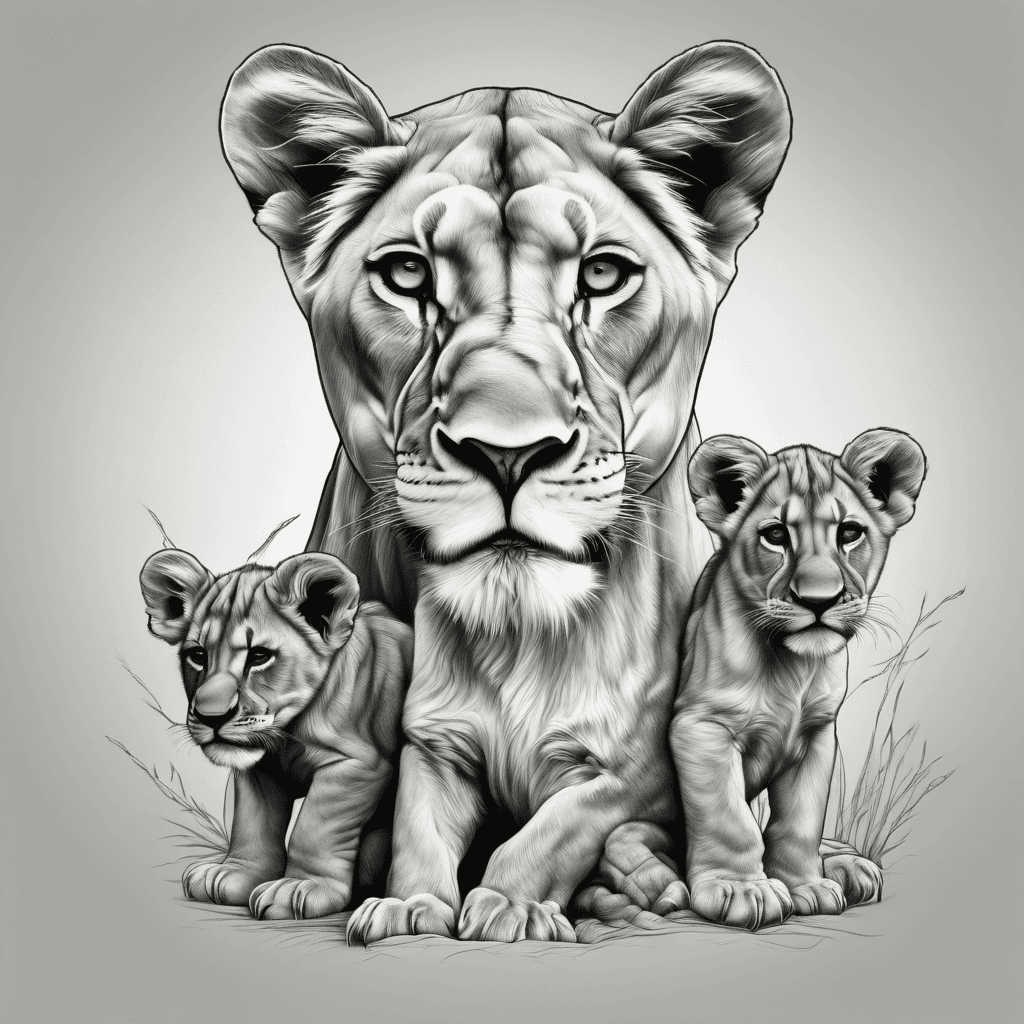 Lioness with 3 different aged cubs