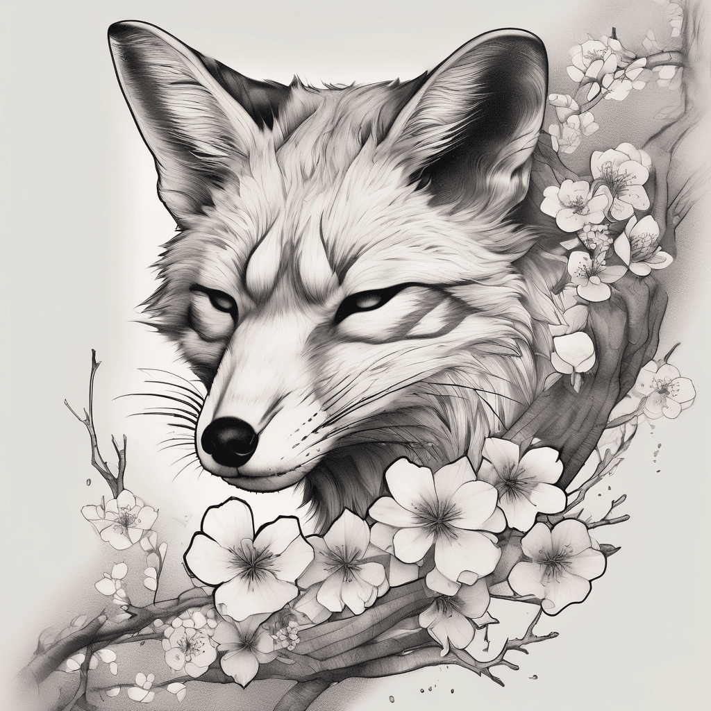 A Japanese-style tattoo design wrapping around the arm. The upper arm has a detailed Asanoha geometric pattern in soft dotwork, fading gradually into thin cherry blossom (sakura) branches. On the inner forearm, two small foxes sit close together — one sleeping peacefully (symbolizing calm and introverted energy), and behind it another sitting and curious (symbolizing exploration and hidden personality). Around the sleeping fox, a few fallen sakura petals. Around the curious fox, some small unopened cherry buds. The design should look delicate, with soft graphite shading, fine lines, and no hard outlines. Minimalistic Japanese elegance, balanced composition, light grey tones, realistic flow on the arm.