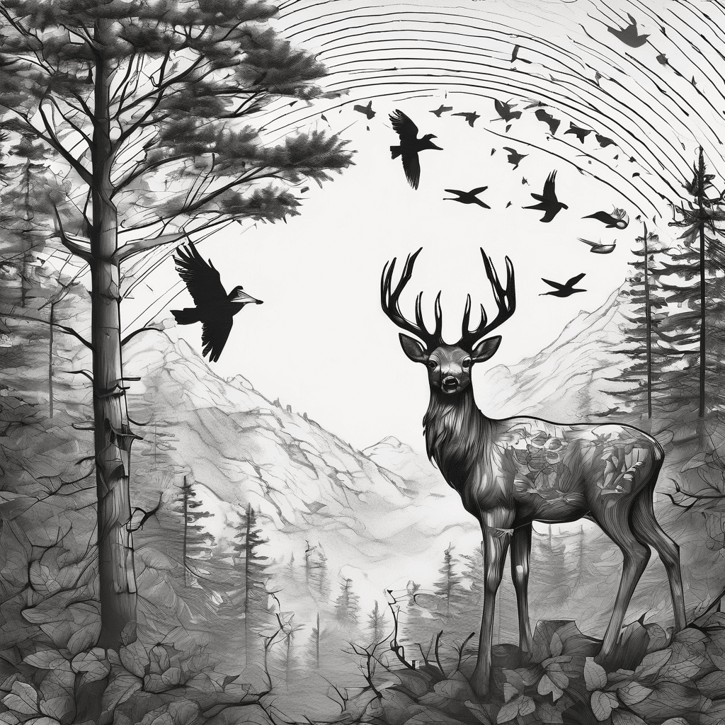 Tattoo realistic forest sleeve with sun up and birds in the sky with a few deer in the distance