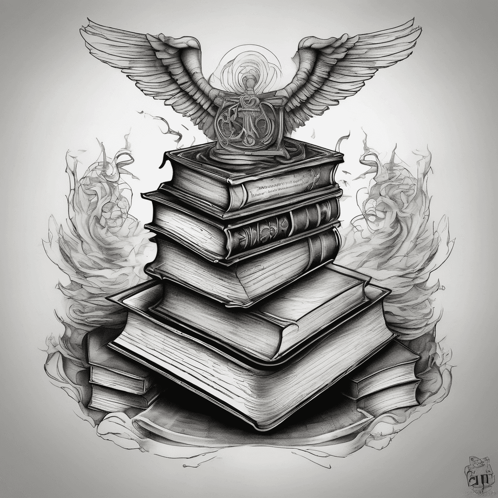 A tattoo design for right shoulder blade with Stack of 2 old books ans ann open book on top tilted forwards with shadowhunter stele positioned as if by magic making angelic marks float up from open pages with wind/smoke. Also put a triquetra on the top book spine and a mortal cup on the bottom book spine. Then the words Everything Happens for a Reason in old style writing formed by mist/smoke across the tattoo.