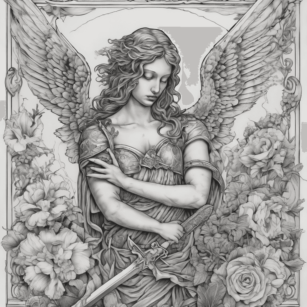 a tattoo of an angel hugging a great sword, her wings majestically wide. and she's crying. on the sword engraved aare the words: do not draw me without reason. crawling up the sword is a great snake.around htem are flowers. seamlessly blended in, is a greek bust head of hermes from greek myth. alse, some playing cards that show 9 of diamonds and 9 of spades. the words: cerca trova is hidden somewhere