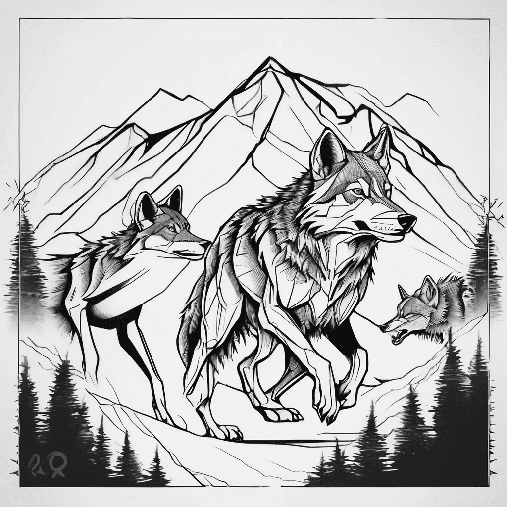 a wolf with a wolf mother and 2 baby wols running with a mountain in background. Minimalist black lines