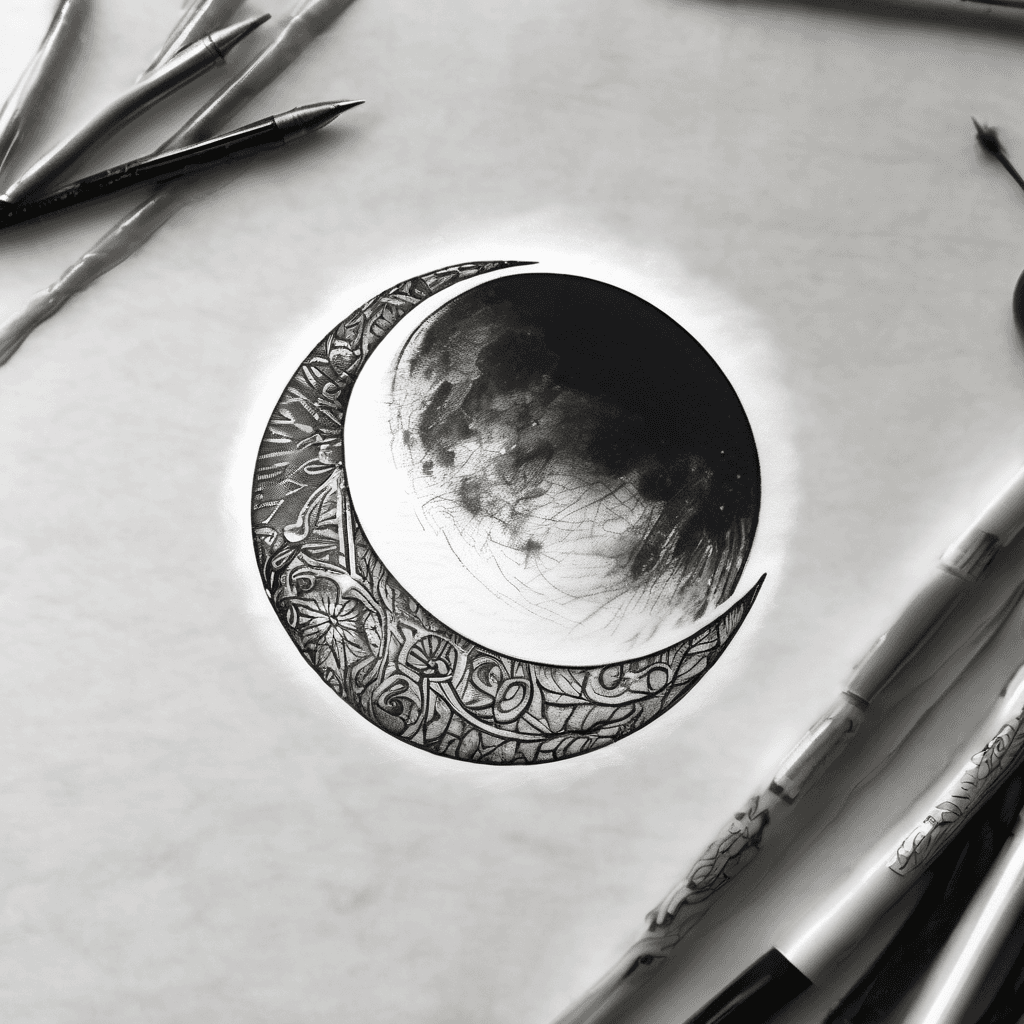 Motif: Thin crescent moon Style: Ultra-fine single needle line Effect: One side of the moon softly dissolves into smoke/ink mist, fading outward Size: 3–4 cm Placement Suggestion: Inner wrist, collarbone, or side of forearm Meaning: Calm, intuition, emotional depth, protector energy