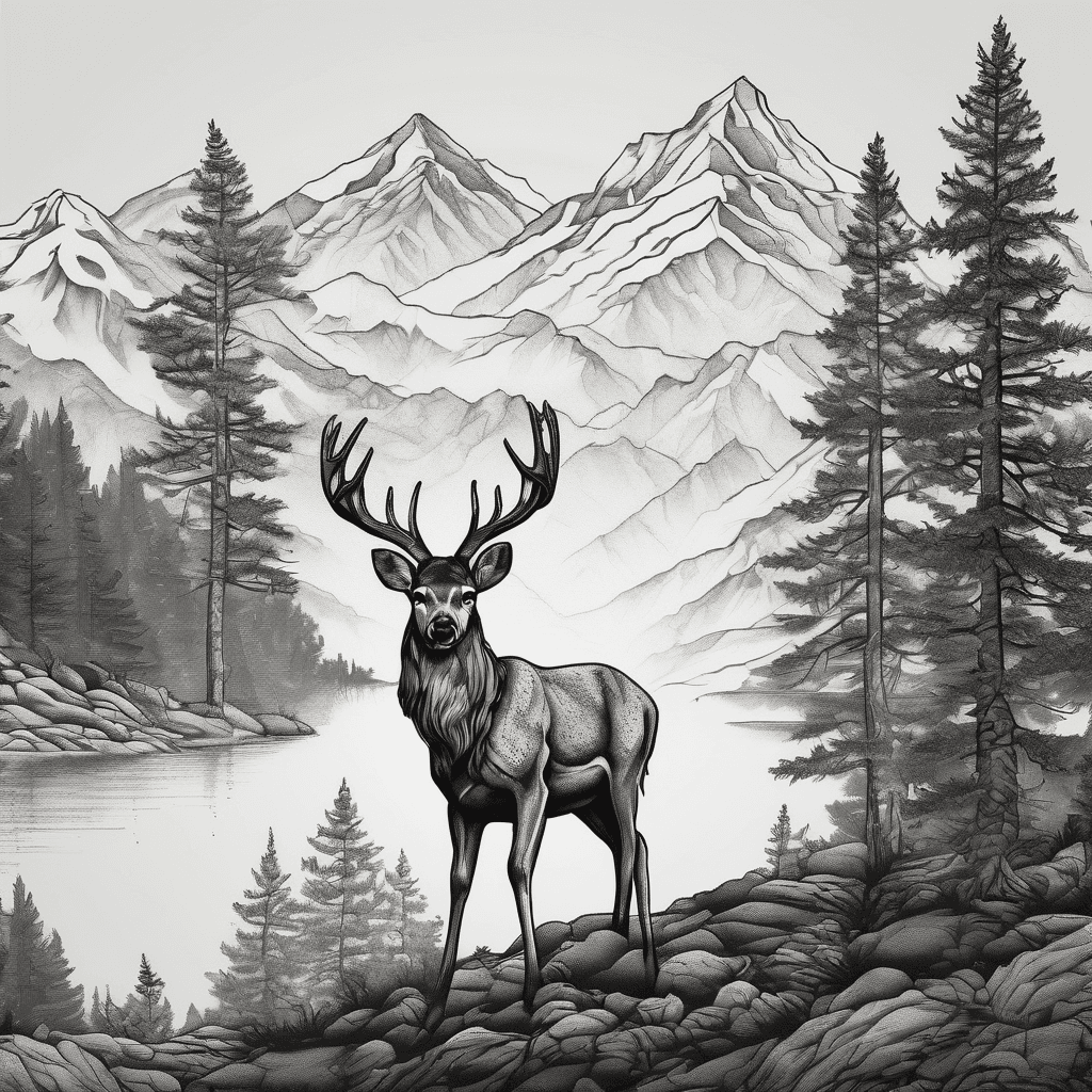 Mountain landscape with deer in dotwork