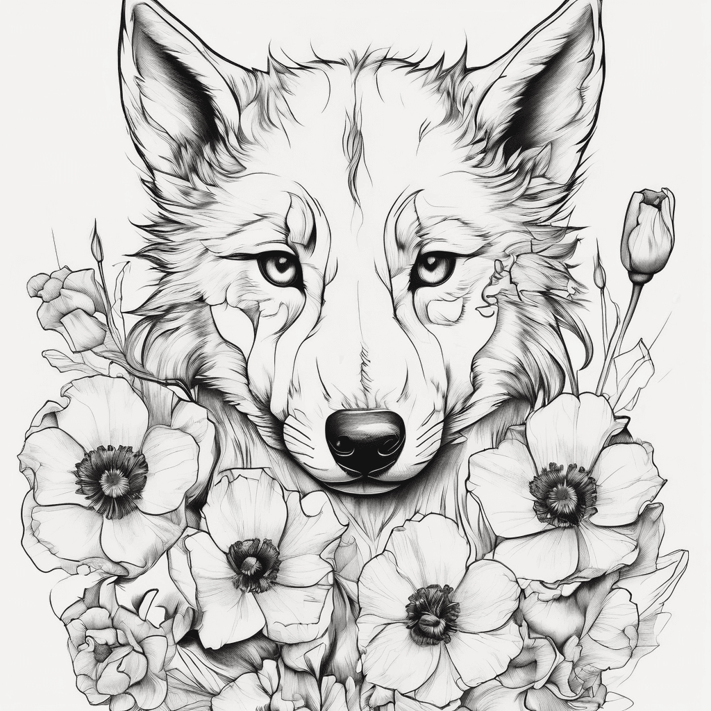 wolf cub with poppy and daffodil