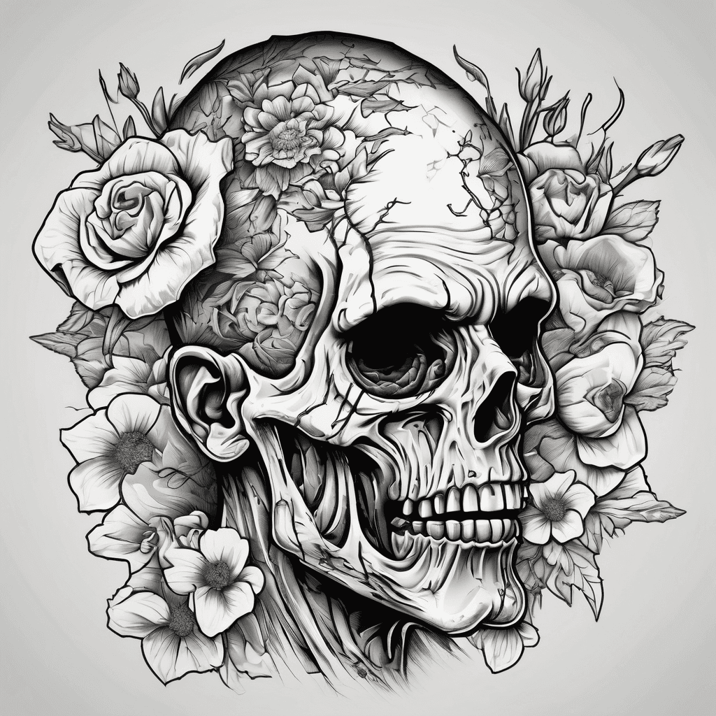 Gruesome zombie head surrounded by flowers