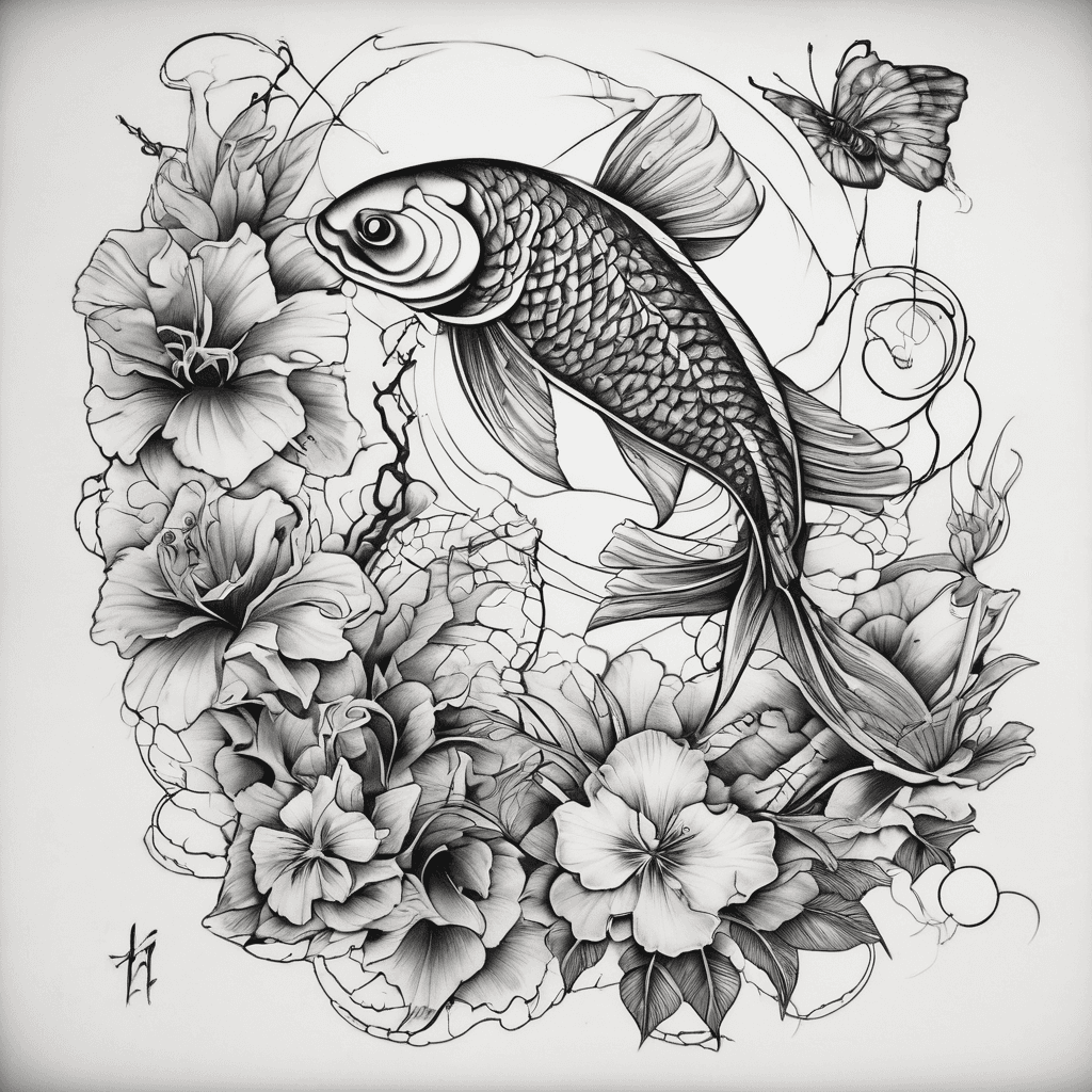 Tattoo - Nature - Koi Fish - Blue Hibiscus - Birds - Moon - Butterflies - Black & Blue Ink - Spider & Spider Webs