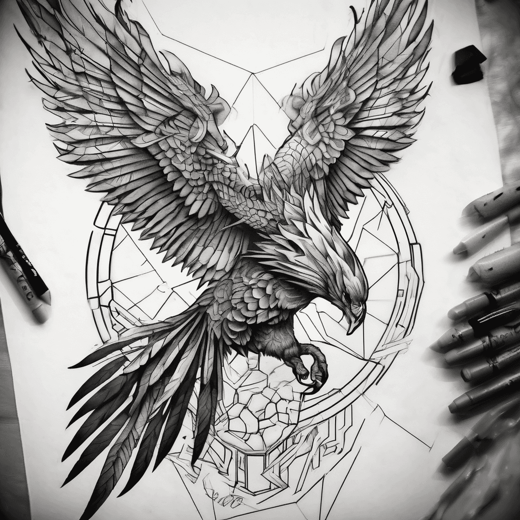 a full sleeve tattoo invloving a phoenix and geometric shapes, mostly hexagons, that are mostly filled in with black or red, more black though, and crisp lines, and slowly transition to less filled in and fewer crisp lines, all in the style of trash polka