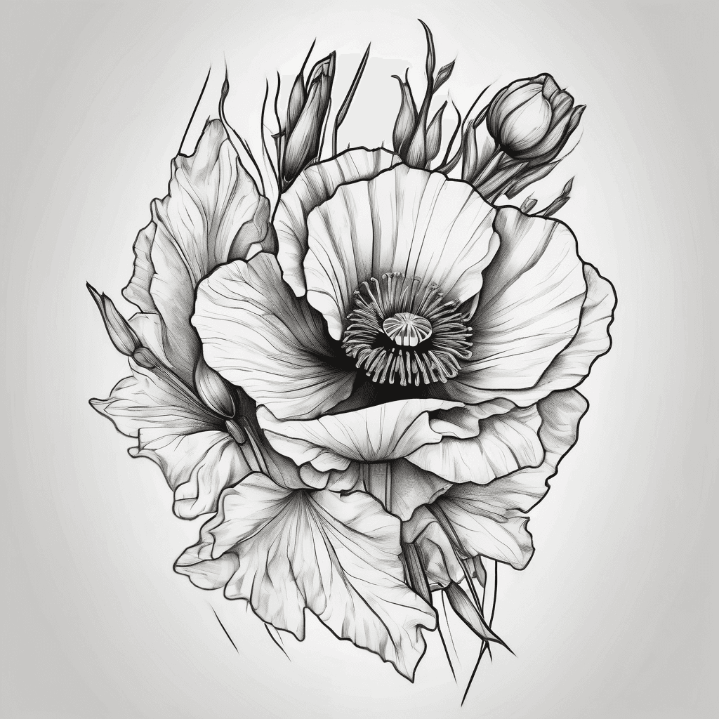 Poppy flower and gladiolus flowers shaded upper arm tattoo
