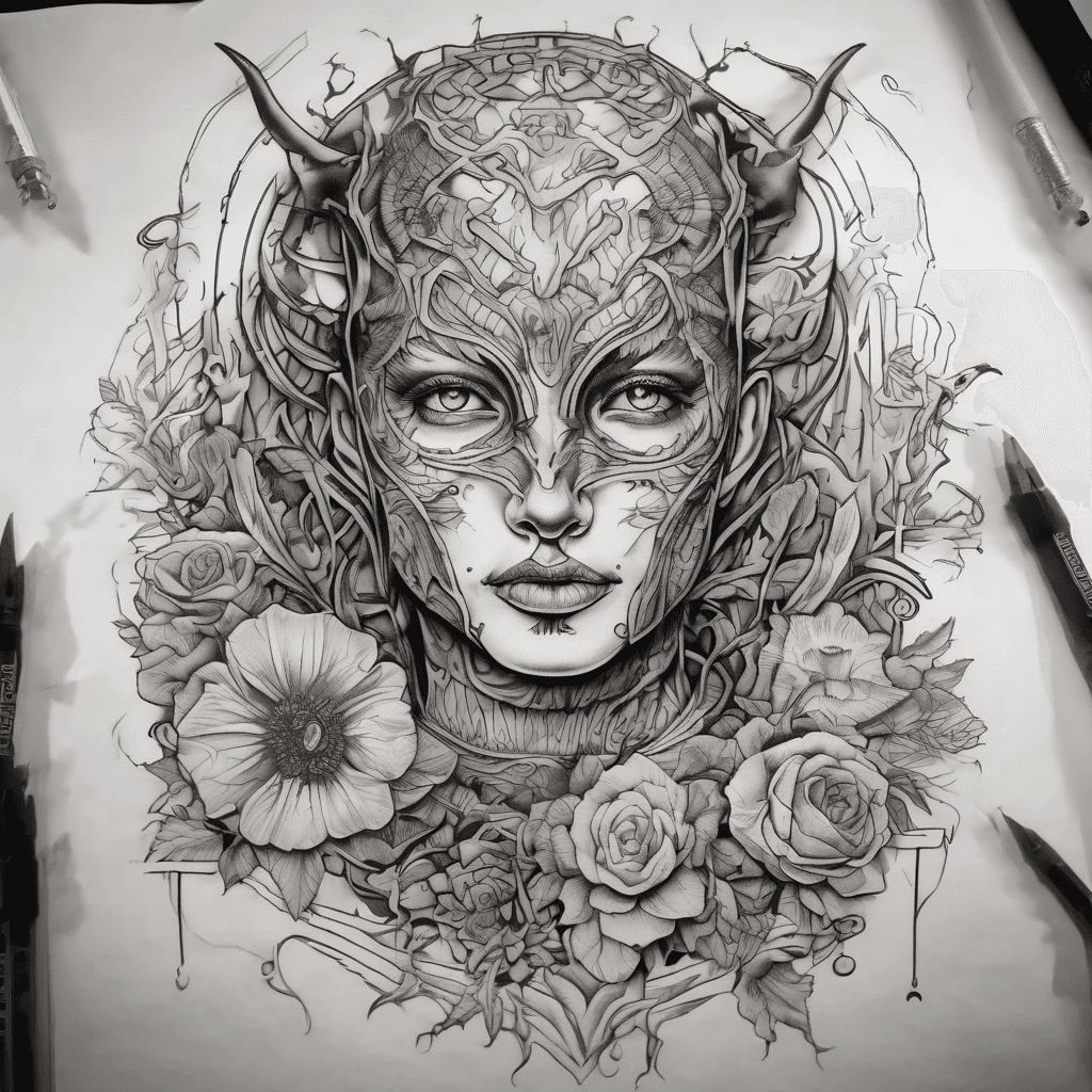 Design a tattoo that describes a Self personality and word quotes of Dark souls, lost,heals,love, courage, progress and balance with a wild animals as a representative of self personality