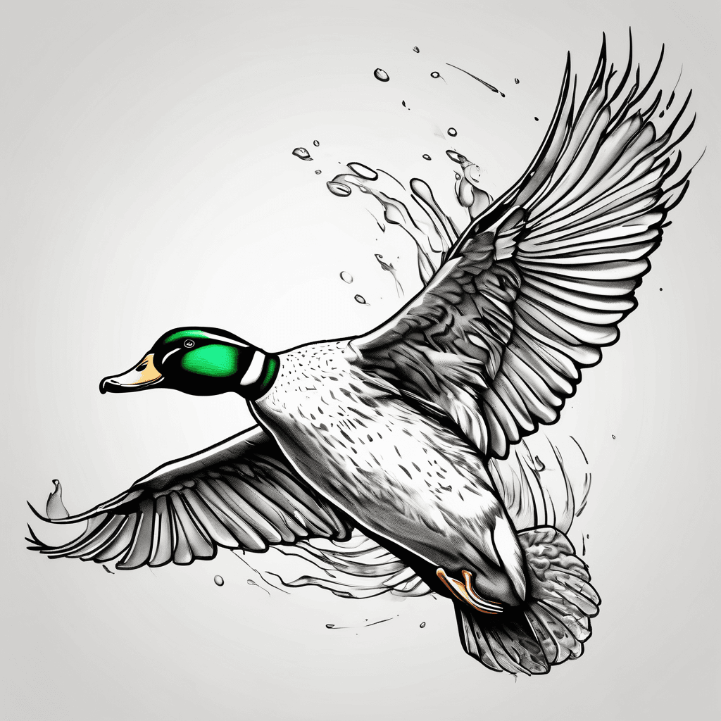 Mallard drake, flying, wings down, dripping paint