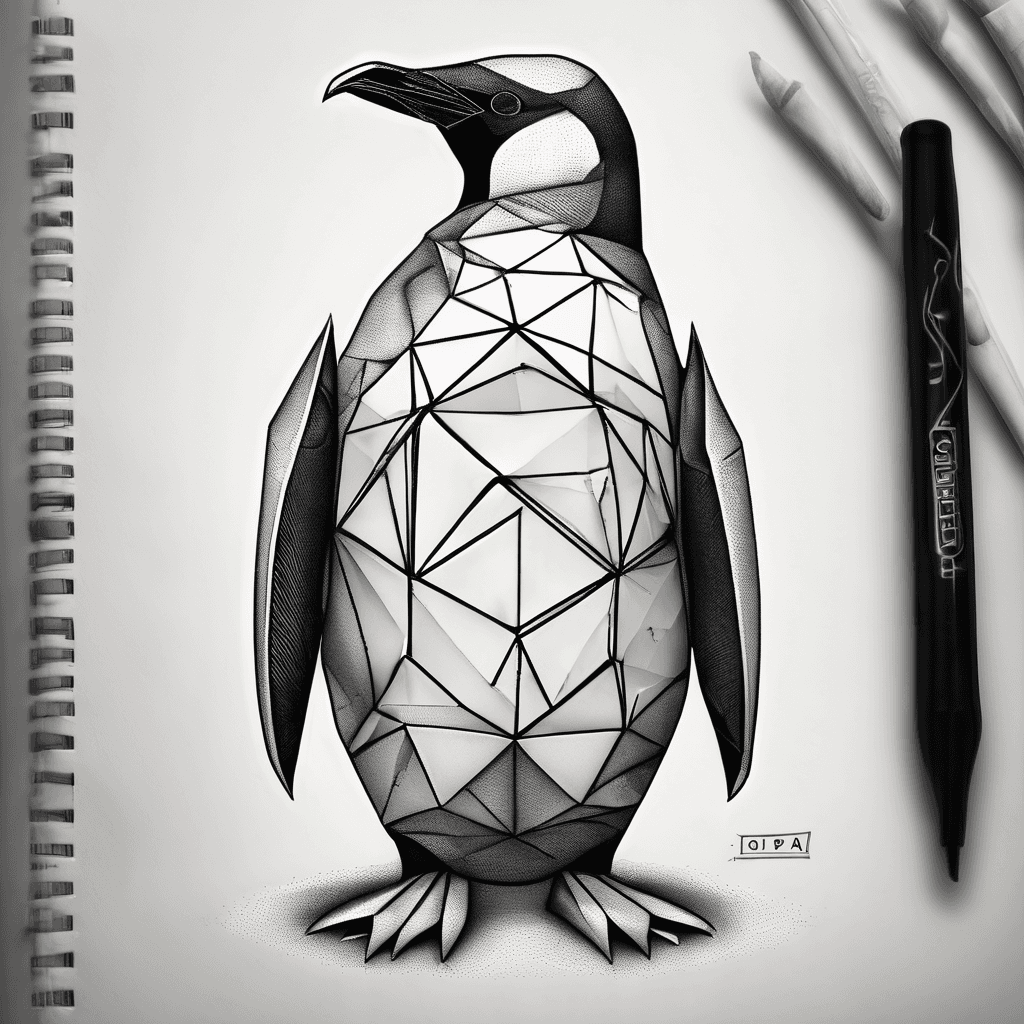 geometric origami penguin holding a sign with following text: "OISPA TALVI". Do it with dotwork style. Show it as a tattoo in mans calf.