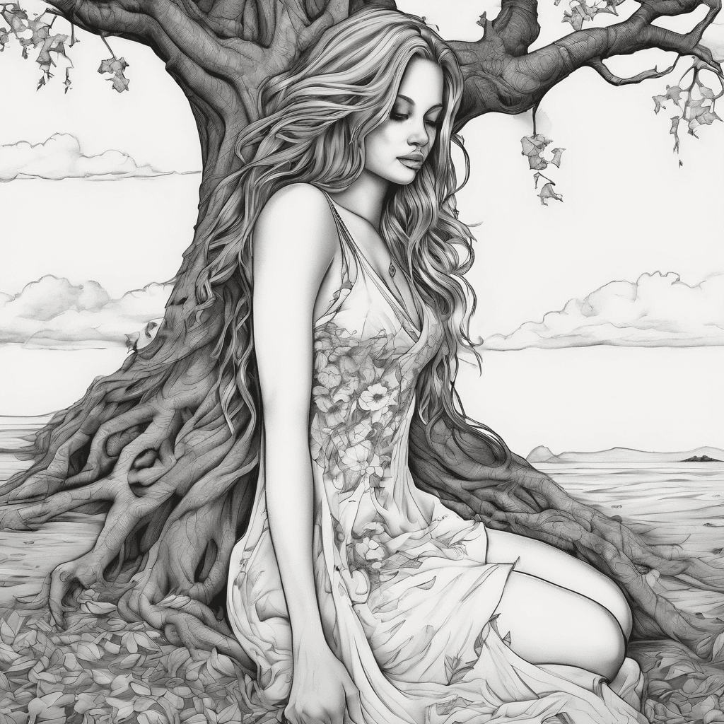 I need you to make it pretty. Make her legs sit on the other side of the tree while her butt hangs out the other side. Add thick straps to her dress while the end of the dress is flowing in the wind along with her long floaty . Make sure her hair is long and wavy at the end. I need her initials carved into the tree.