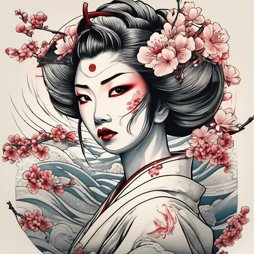 japanese geisha with cherry blossoms and waves
