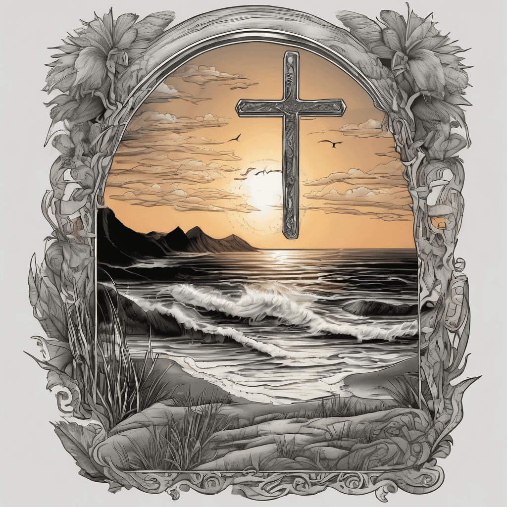 A beach sunset background with a 3D cross coming out of it and under it says Even though I walk through the valley of the shadow of death, I will fear no evil, for you are with me psalms 23:4