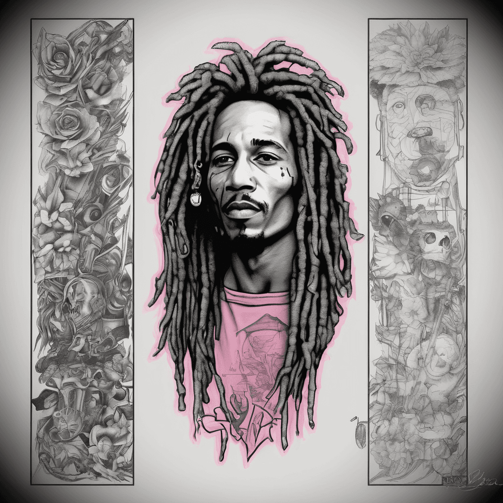 Draw me a full arm black art tattoo with sweeping musical design and with small colour images symbolizing some favorite bands: pearl jam, michael jackson, pink floyd, tragically hip and bob marley. i don’t want faces or people