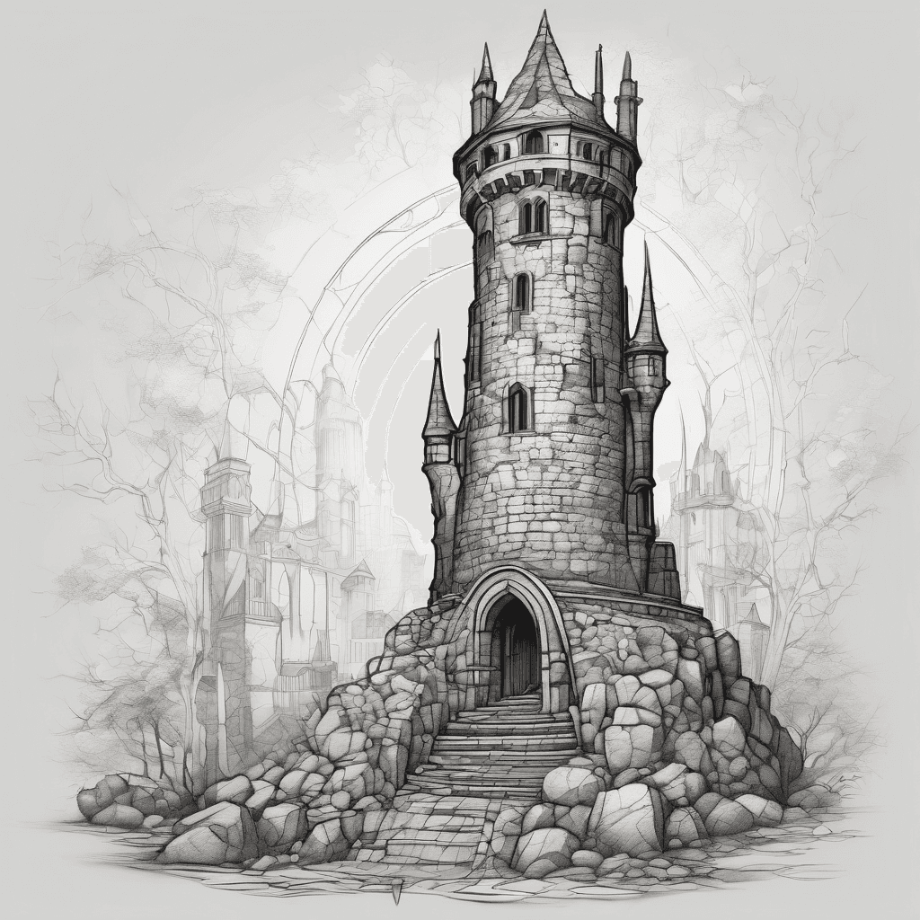 A medival tower in dark fantasy style. U Look from the ground at the Stone tower