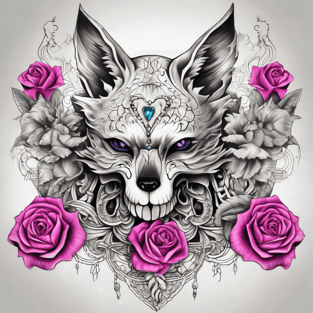 Hi, can you recreate this tattoo design in a sketch and show it on a left forearm? Skull with lace Hot pink roses with a gem heart Nine-tailed fox with eyes closed Phoenix curved backward Feminine style, segmented flow, color palette: black, hot pink, lavender, white, sky blue"