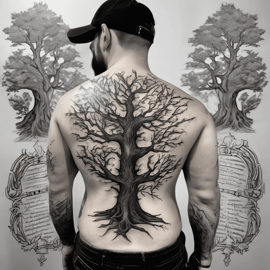 Back piece MEDINA between shoulders in old English with oak family tree with two branches off main trunk for both sides of my family for four generations for widowed stoner scorpion male