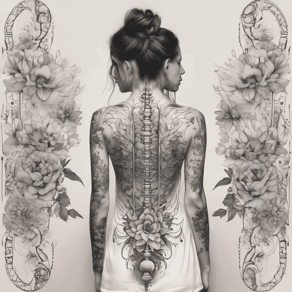 A sensual vertical spine design with moon phases surrounded by delicate flowers and subtle mandala details. The flowing lines accentuate the back's curve, evoking lunar intuition, natural cycles, and spiritual femininity.