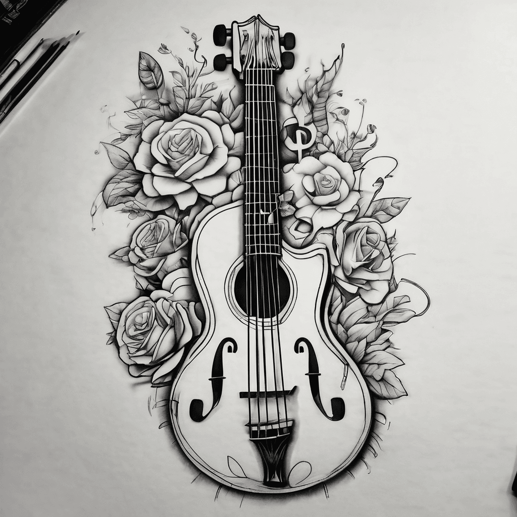 forearm music tattoo with no instruments but music notes and bass clef with flowers and minimal color