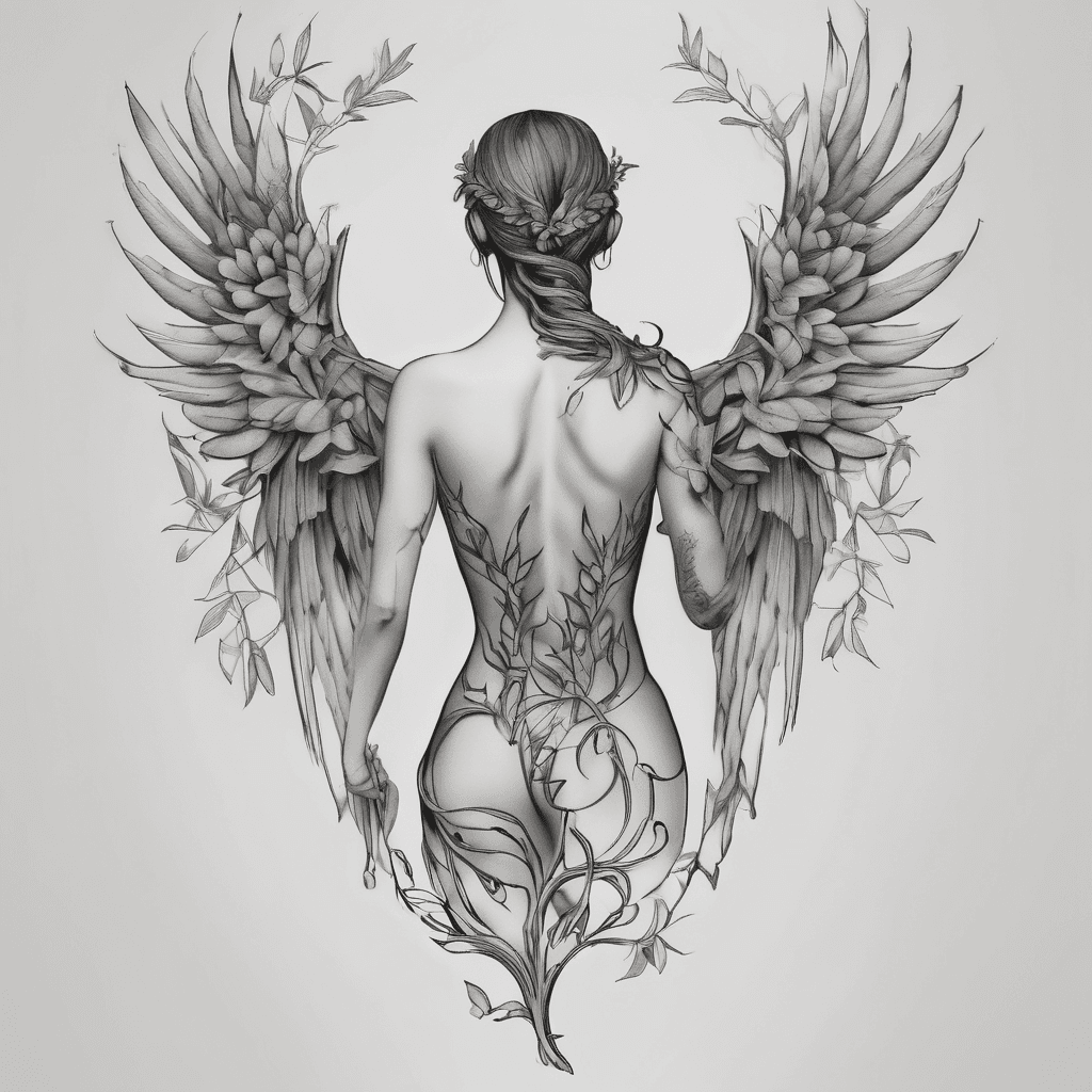 Vertical black & gray fine-line angel spine tattoo centered on my back. At the top is a stylized angel with large wings extending toward the shoulder blades, transitioning into an elegant twisting vine down the spine. Above it, high on the upper back near the neck, a small curved laurel wreath of olive branches with the word ‘BALANCE’ in simple uppercase letters.”