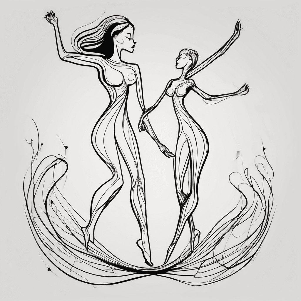 A whimsical stick figure of mother daughter dancing with arms up
