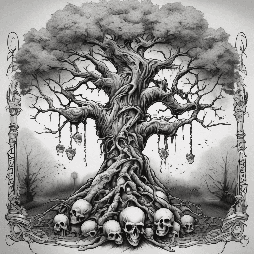 Tree with skulls for leafs on the bank leaning over the road leading to the cemetery gate with words written in blood No Good Deed Goes Unpunished