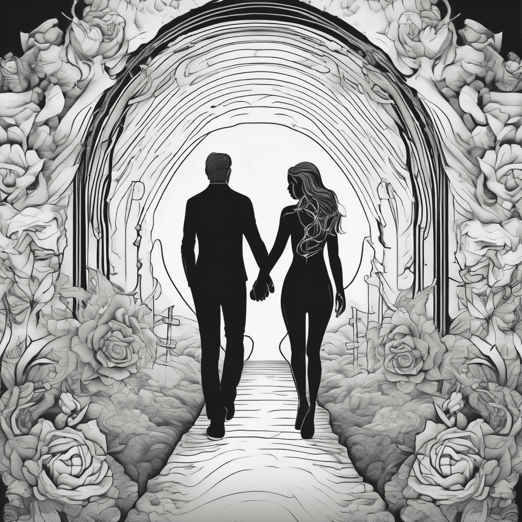 Couple in love holding hands walking on a path to hell