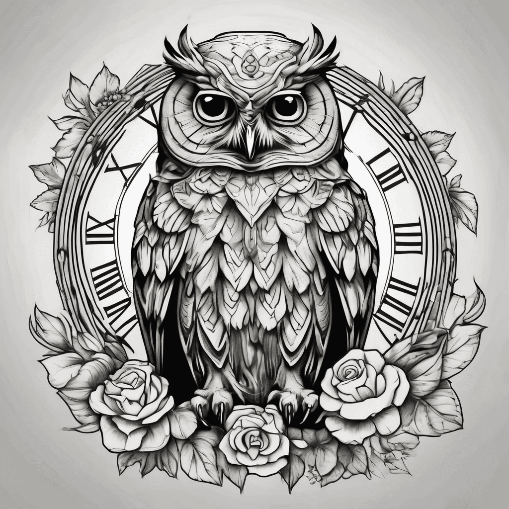 Owl standing on a clock with lotas flowers
