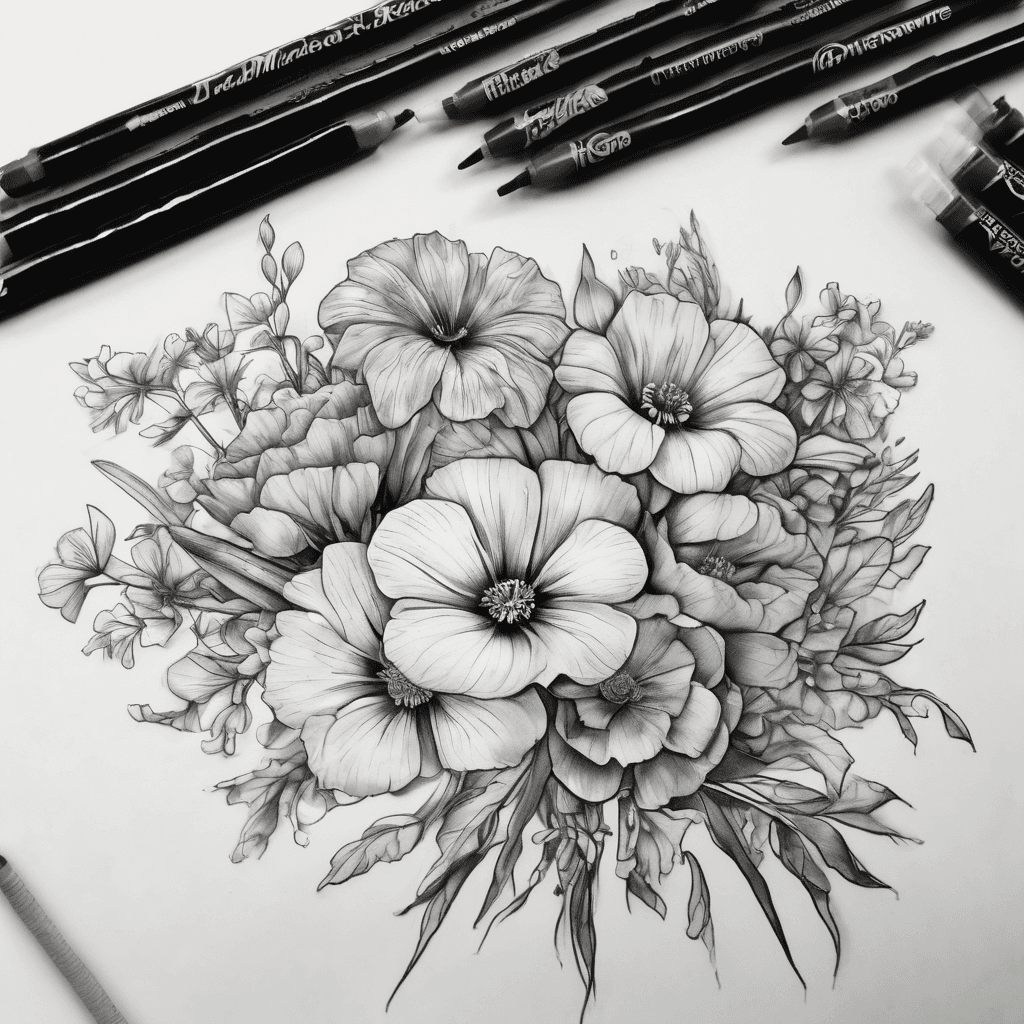 A black and white birth flower bouquet tattoo with the following months: February, March, June, August, and November. Have “224” written vertically down the stem of the flowers and “Para Siempre” written on the bottom of the bouquet