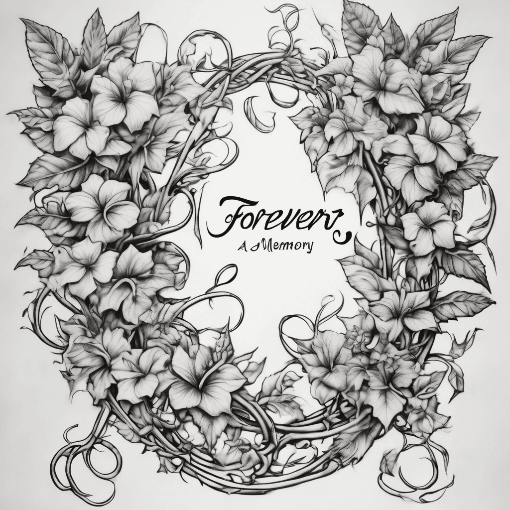 long line leaf vine with the words "Forever intertwined, in every leaf a memory." at the vine with flowers on the vines