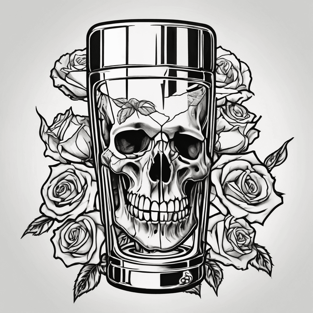 Skeleton hand holding a shot glass wrapped with roses