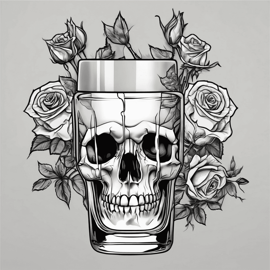 Skeleton hand holding a shot glass wrapped with roses
