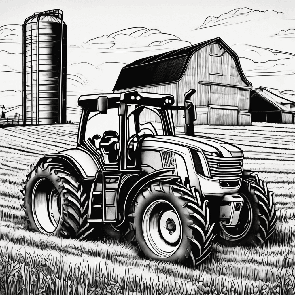 A farm and silo with a tracto in the feild and a skidloader working