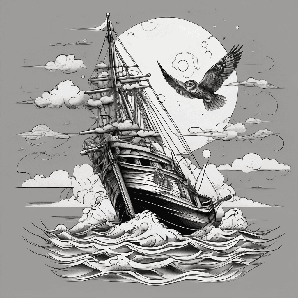 Half a sleeve with a boat and ocean with an owl a full moon and clouds
